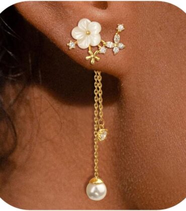 Dangle Pearl Drop Earrings For Women Trendy Long Threader Chain Dainty Flower Wedding Earrings For Brides CZ Cute 14K Gold Statement Sparkly Jewelry
