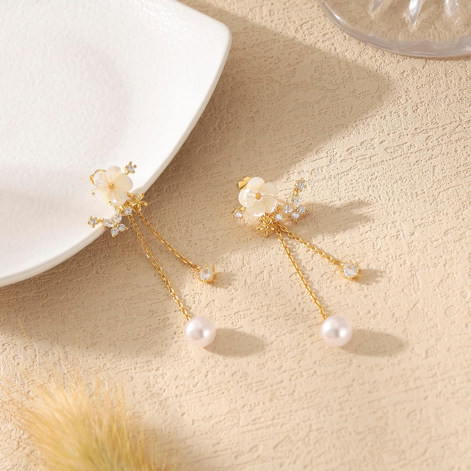 Dangle Pearl Drop Earrings For Women Trendy Long Threader Chain Dainty Flower Wedding Earrings For Brides CZ Cute 14K Gold Statement Sparkly Jewelry - Image 3
