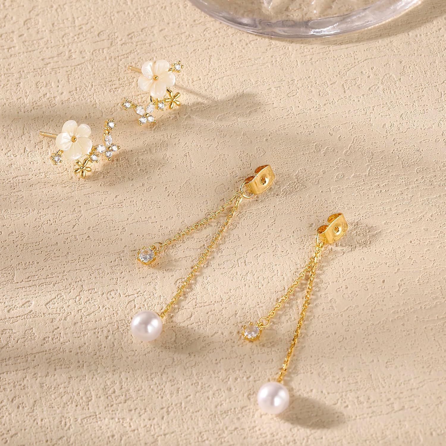 Dangle Pearl Drop Earrings For Women Trendy Long Threader Chain Dainty Flower Wedding Earrings For Brides CZ Cute 14K Gold Statement Sparkly Jewelry - Image 4