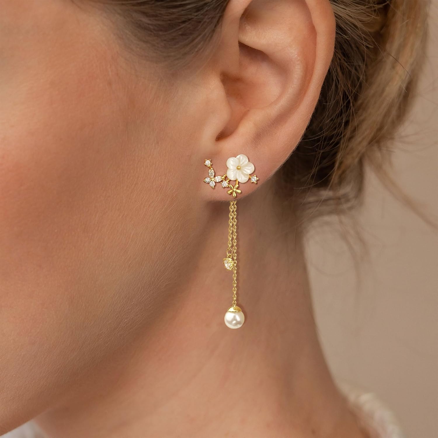 Dangle Pearl Drop Earrings For Women Trendy Long Threader Chain Dainty Flower Wedding Earrings For Brides CZ Cute 14K Gold Statement Sparkly Jewelry - Image 5