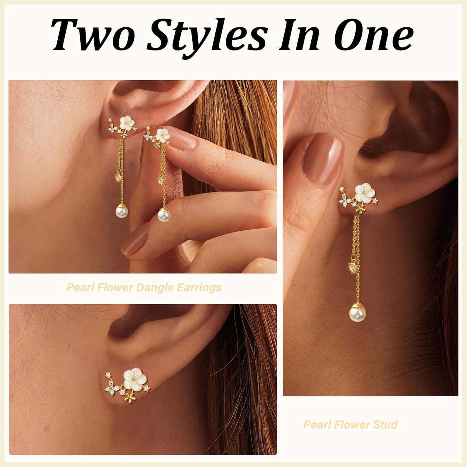 Dangle Pearl Drop Earrings For Women Trendy Long Threader Chain Dainty Flower Wedding Earrings For Brides CZ Cute 14K Gold Statement Sparkly Jewelry - Image 6