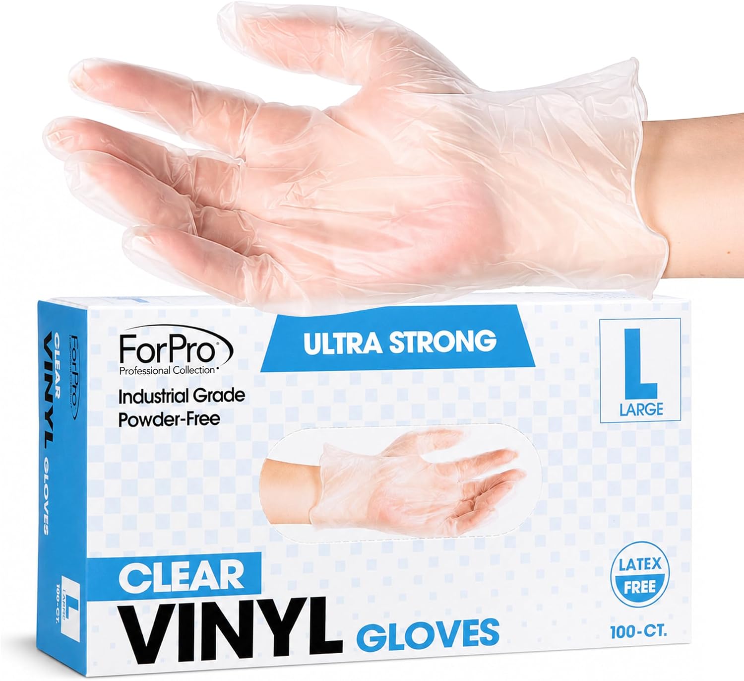 ForPro Disposable Vinyl Gloves, Industrial Grade, Powder & Latex Free, Non-Sterile, Food Safe, 2.75 Mil Palm, 3.9 Mil Fingers