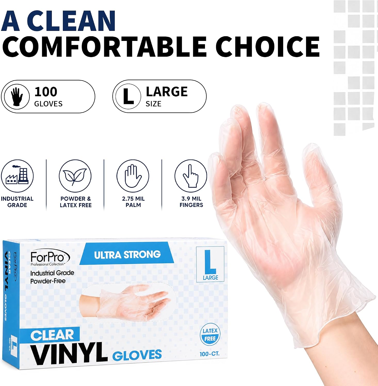 ForPro Disposable Vinyl Gloves, Industrial Grade, Powder & Latex Free, Non-Sterile, Food Safe, 2.75 Mil Palm, 3.9 Mil Fingers - Image 8